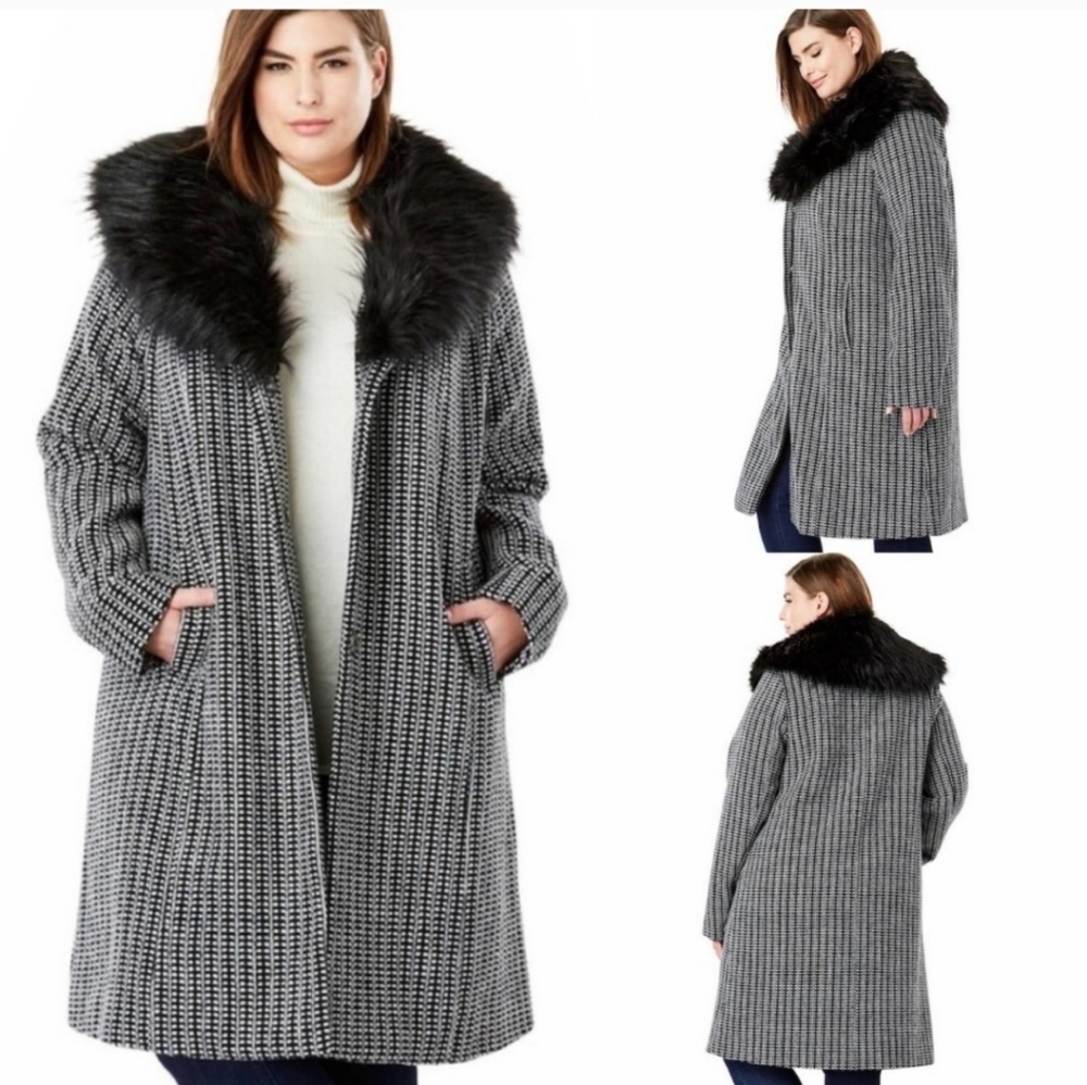 Jessica London Outerwear Faux Fur Collar Silky lined Black White Statement Coat